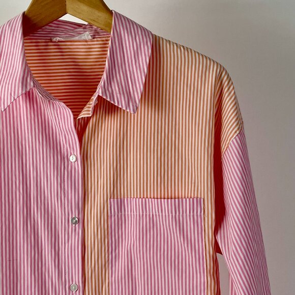 Primark Oversized  Colourblock Pink/Orange Pinstripe Button Up Shirt, Size 8 - Picture 4 of 11